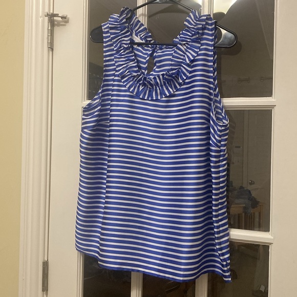 Talbots Women Top Size XL Blue White Stripe Sleeveless Ruffle Collar Side Zip - Picture 11 of 11